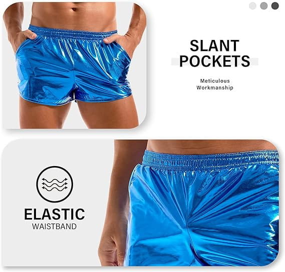 Shiny blue metallic mens loose casual shorts with slant pockets and an elastic waistband suitable for casual trendy wear.