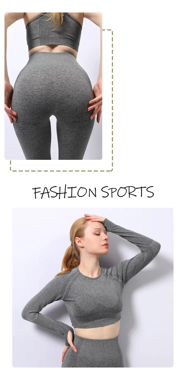 gray textured knit two-piece athletic set featuring high-waisted leggings and matching crop top designed for jacquard seamless yoga wear.