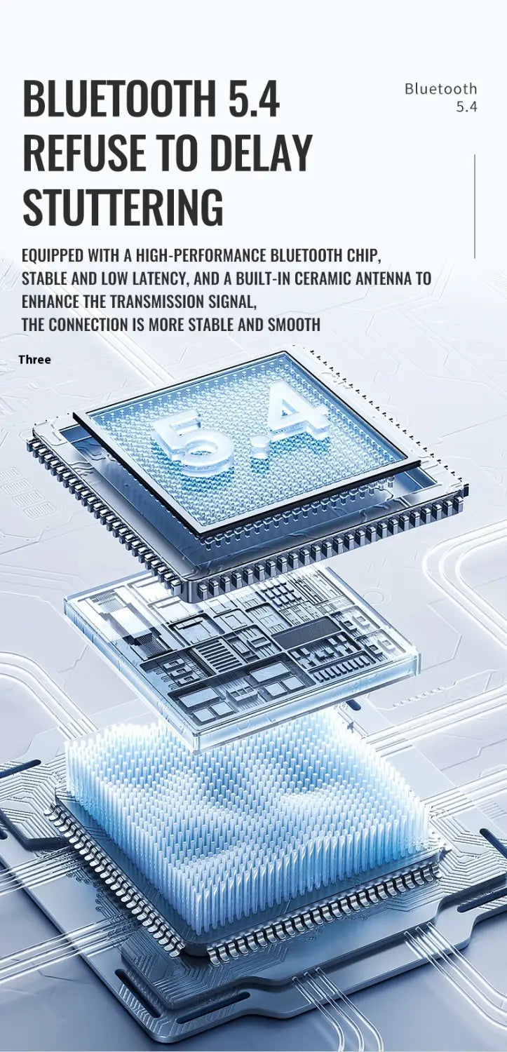 blue-tinted ceramic antenna integrated into a high-performance bluetooth 5.4 chip with sleek metallic circuitry and layered design in a 35mm bluetooth adapter car audio transmitter for stable wireless connectivity