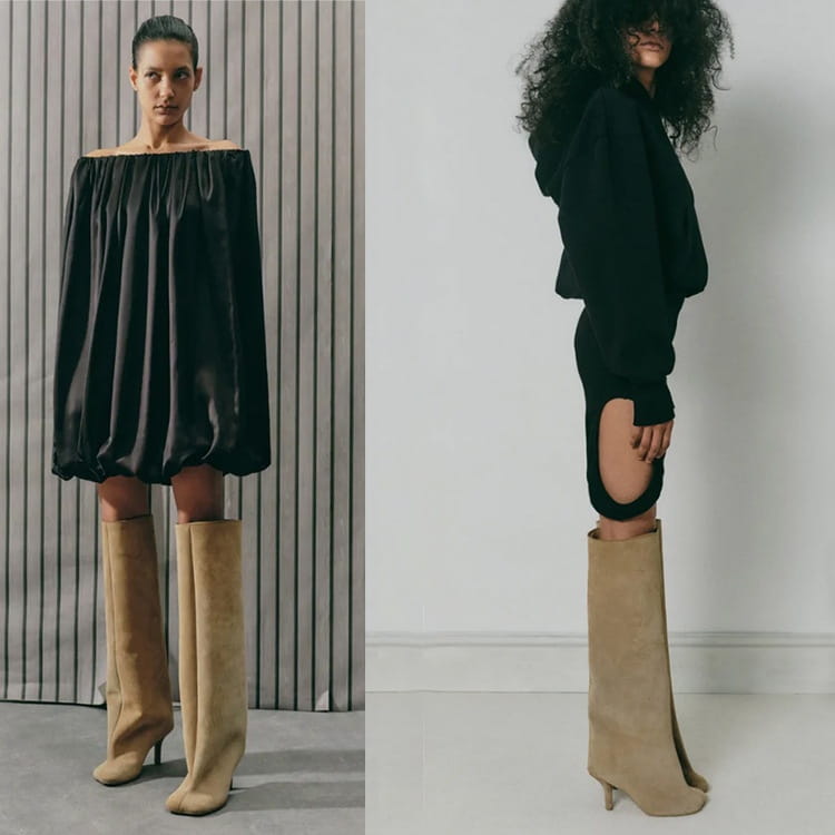 tan suede knee-high boots with simple stitching square design and subtle heel featuring a square head style suitable for yards custom wear