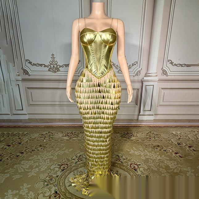 Golden Bright Surface Bandage Design Tight Waist Slimming Mermaid Day Formal Dress - Royalessencelux