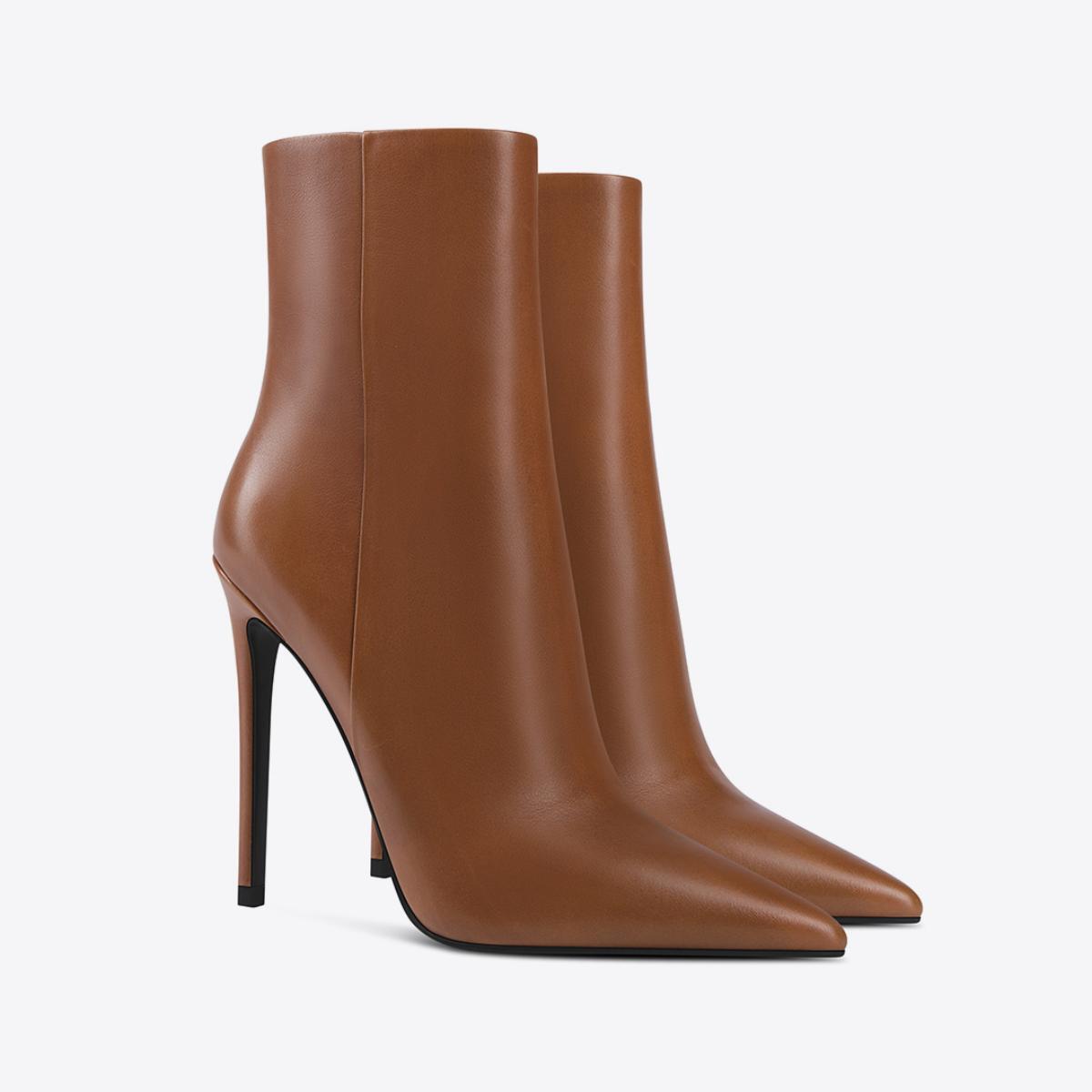 brown leather stiletto ankle boots with a sleek pointed toe and high stiletto heel