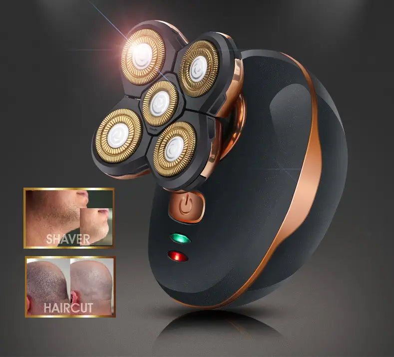 Multifunction 4d electric black and rose gold razor with five circular blades designed for efficient beard shaving and versatile grooming.