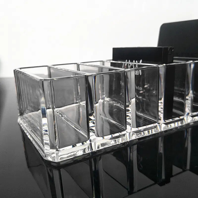 Clear acrylic makeup organizer with multiple labeled compartments designed for cosmetic storage in a makeup organizer image.