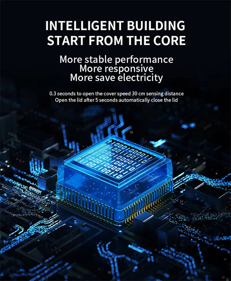 blue translucent microchip with glowing binary code on its surface integrated in the smart trash can for living room kitchen with white sleek design