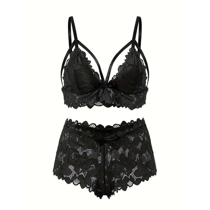 Black lace plus size underwear mesh suit featuring intricate floral patterns and satin ribbon detailing.