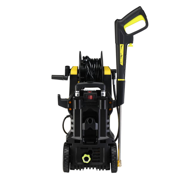 yellow high pressure cleaning machine with hose reel featuring a black and yellow kärcher pressure cleaning machine with a coiled hose and spray gun