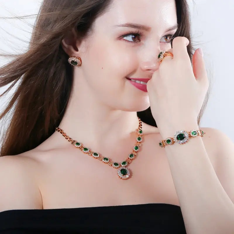 emerald and diamond-set rose gold four-piece suit from big brand retro zircon jewelry set featuring luxurious gemstone accents and elegant design