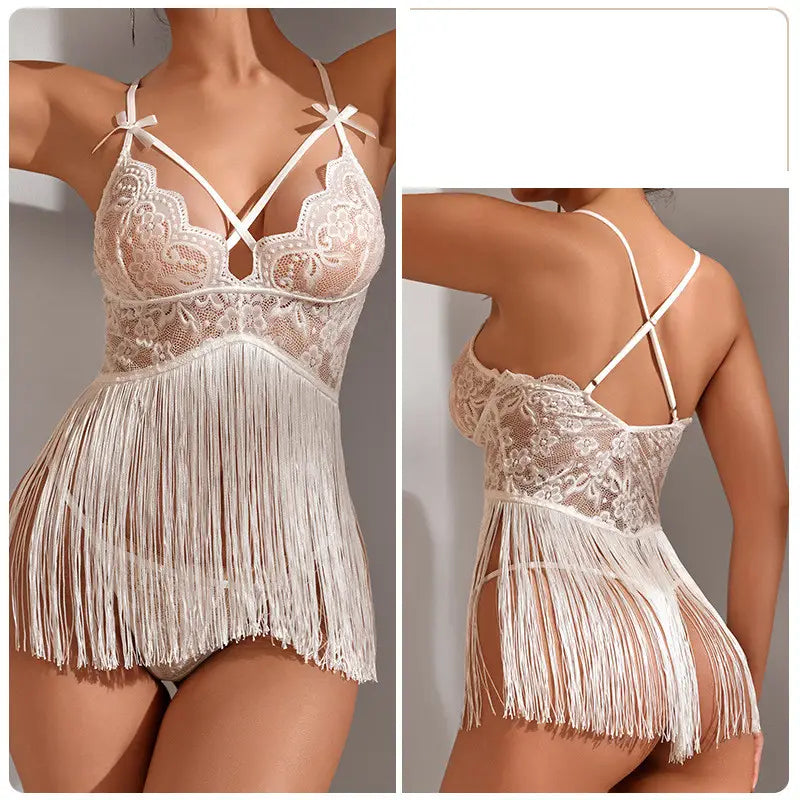 white lace fashion lace sling night skirt suit featuring delicate floral patterns, thin crossed straps with small bows, and a flowing fringe hem
