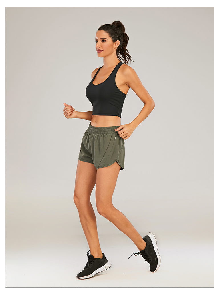 olive green athletic summer sports shorts with drawstring waistband and breathable zipper pockets designed for loose comfort