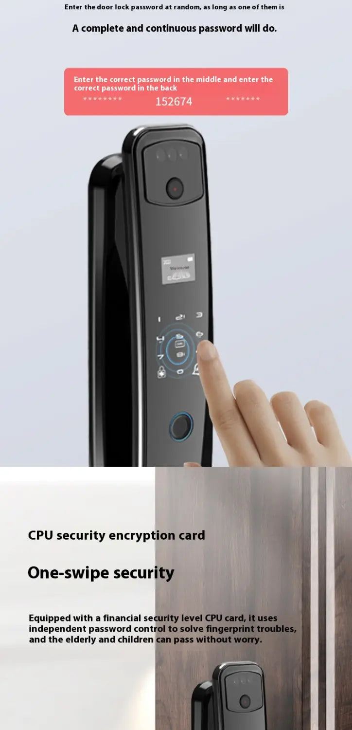 Black smart door lock with digital keypad and fingerprint sensor featuring a sleek modern design for home fully automatic fingerprint 3d facial security.