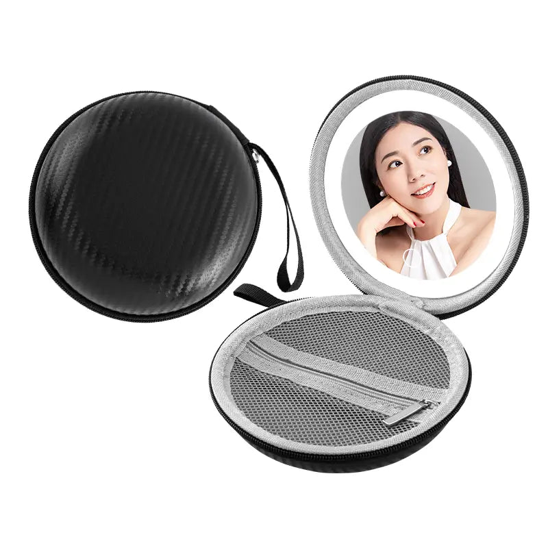 Black circular travel mirror case with built-in led light and mesh interior compartments in a round bag blue design for portable use.