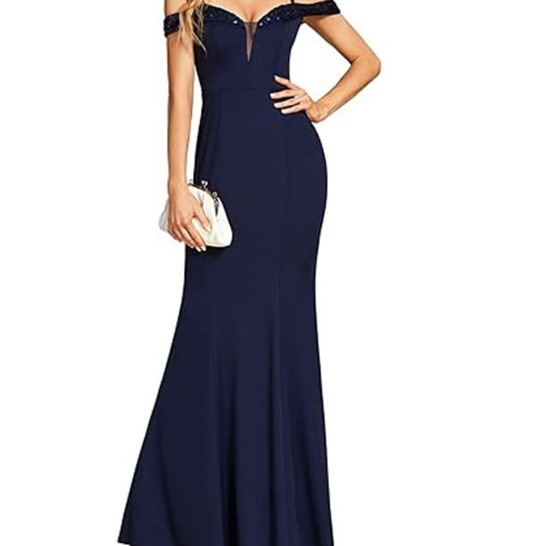 A navy blue off-the-shoulder mermaid gown with a beaded neckline and subtle sheen is an elegant sling evening long dress perfect for formal occasions.