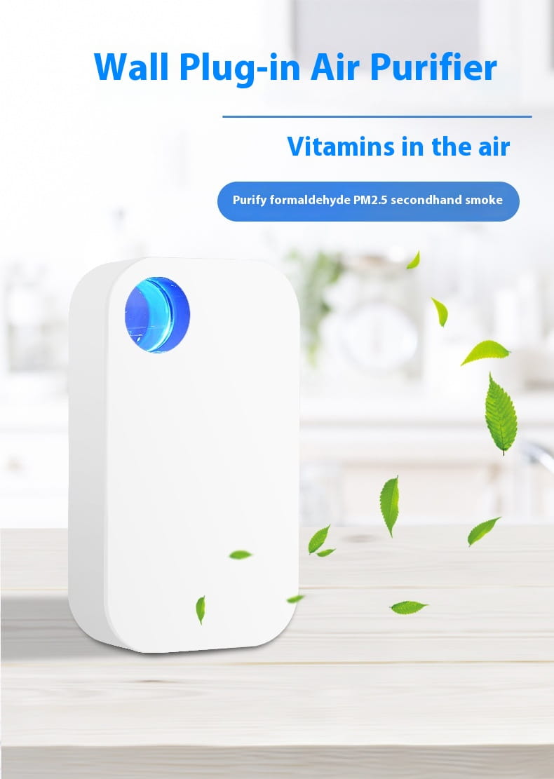 White wall plug-in portable household anion purifier air purifier with a blue circular indicator light for odor removal.