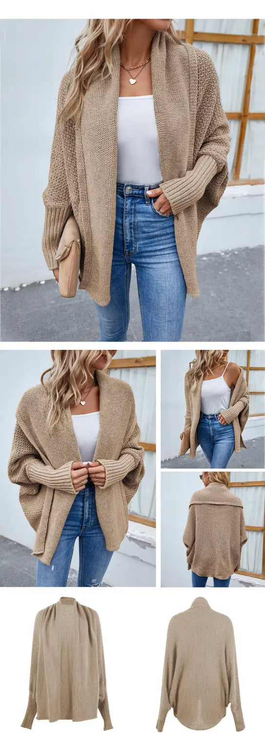 beige knitted sweater solid with a loose draped fit and ribbed cuffs in a solid color knitted sweater solid style cardigan