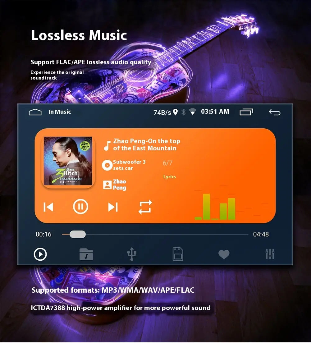a sleek 9 inch android car bluetooth gps navigation integrated system displaying a vibrant orange music player interface with lossless flac and ape support and an illuminated purple guitar graphic in the background