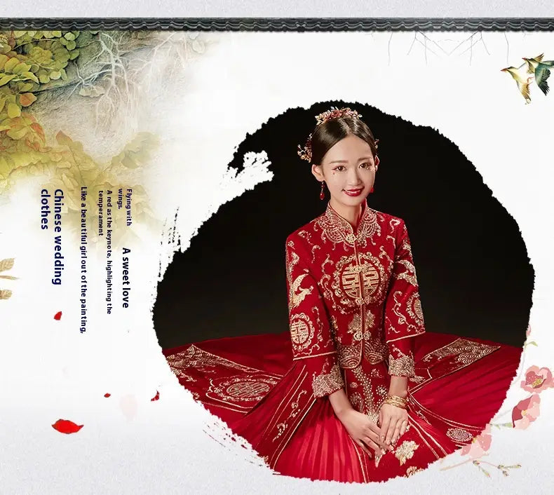 A woman wears a plus size red dragon embroidery slimming toast dress featuring intricate gold patterns designed for bridal slimming toast occasions.