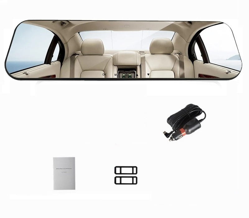 Black-framed rectangular rearview driving recorder with white glass white frame and integrated camera displaying the beige leather interior of an suv.