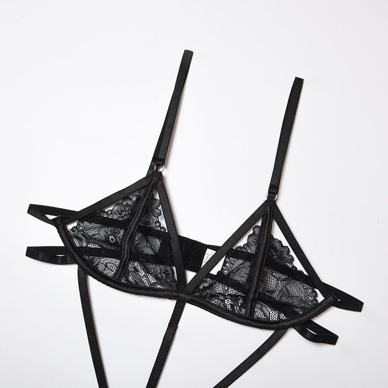 black lace triangle bra with thin straps and adjustable side ties as part of a black fashion lace striped cutout bodysuit