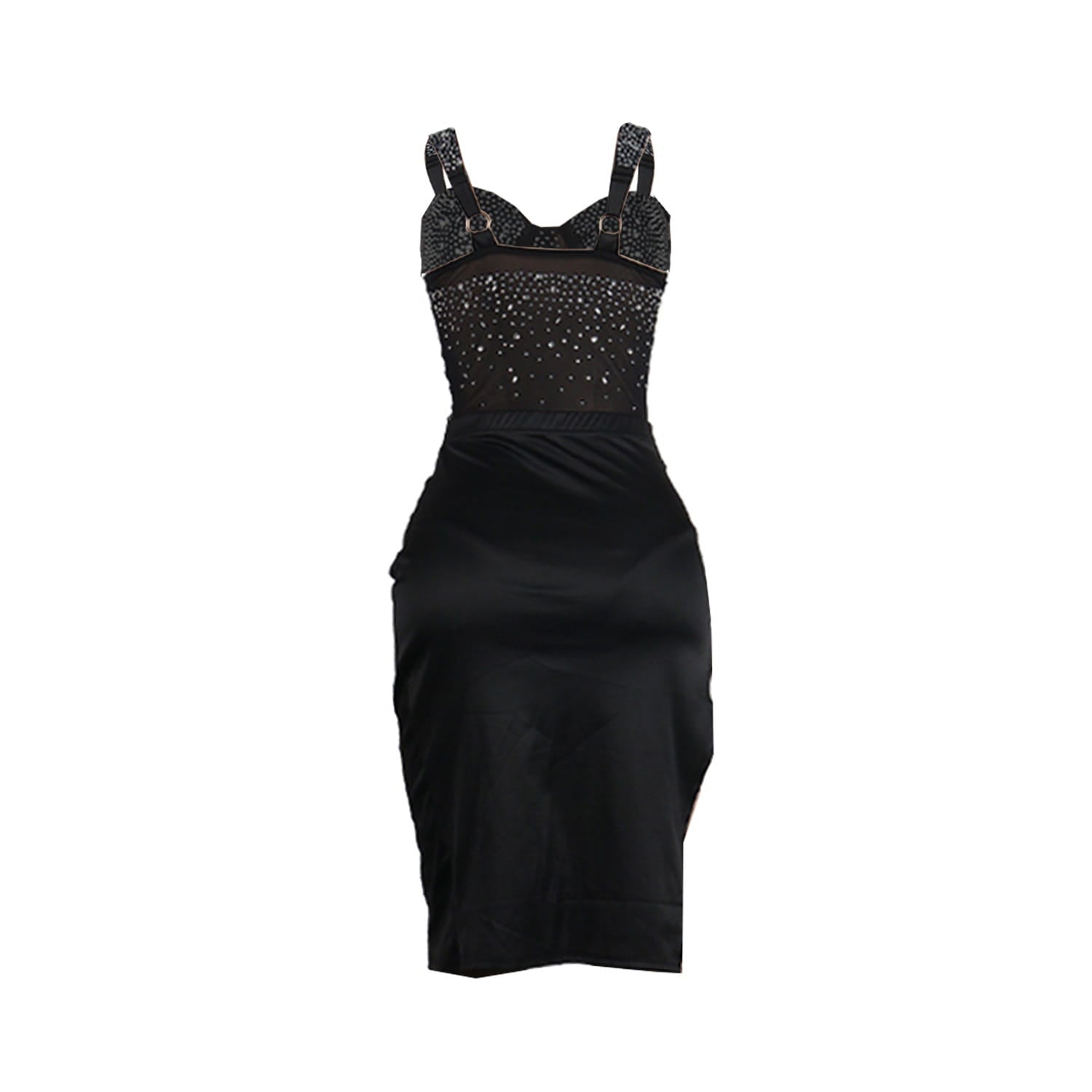 black satin midi dress with sheer studded bodice and adjustable strap details from rhinestone sling backless set two colors