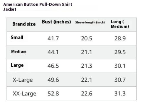 women’s plaid buckle long sleeve shirt jacket size chart showing measurements from small to xx-large for an American button pull-down design.