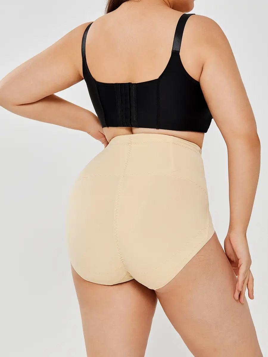 Beige womens tummy control high waist mesh body shaper briefs with smooth seamless design and black adjustable straps.