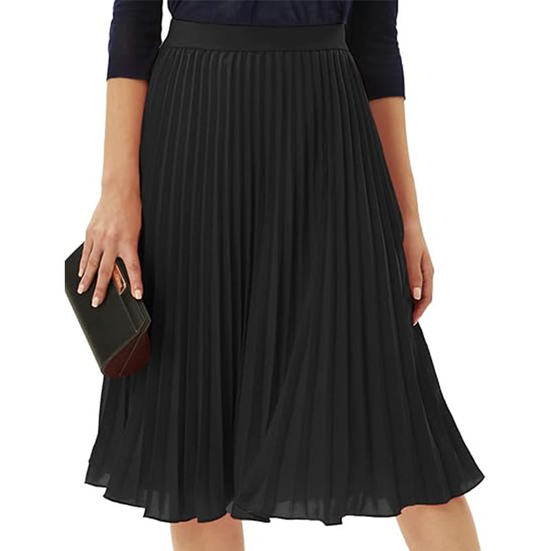 Black pleated midi swing casual skirt with a smooth elastic waistband for a large swing casual look.