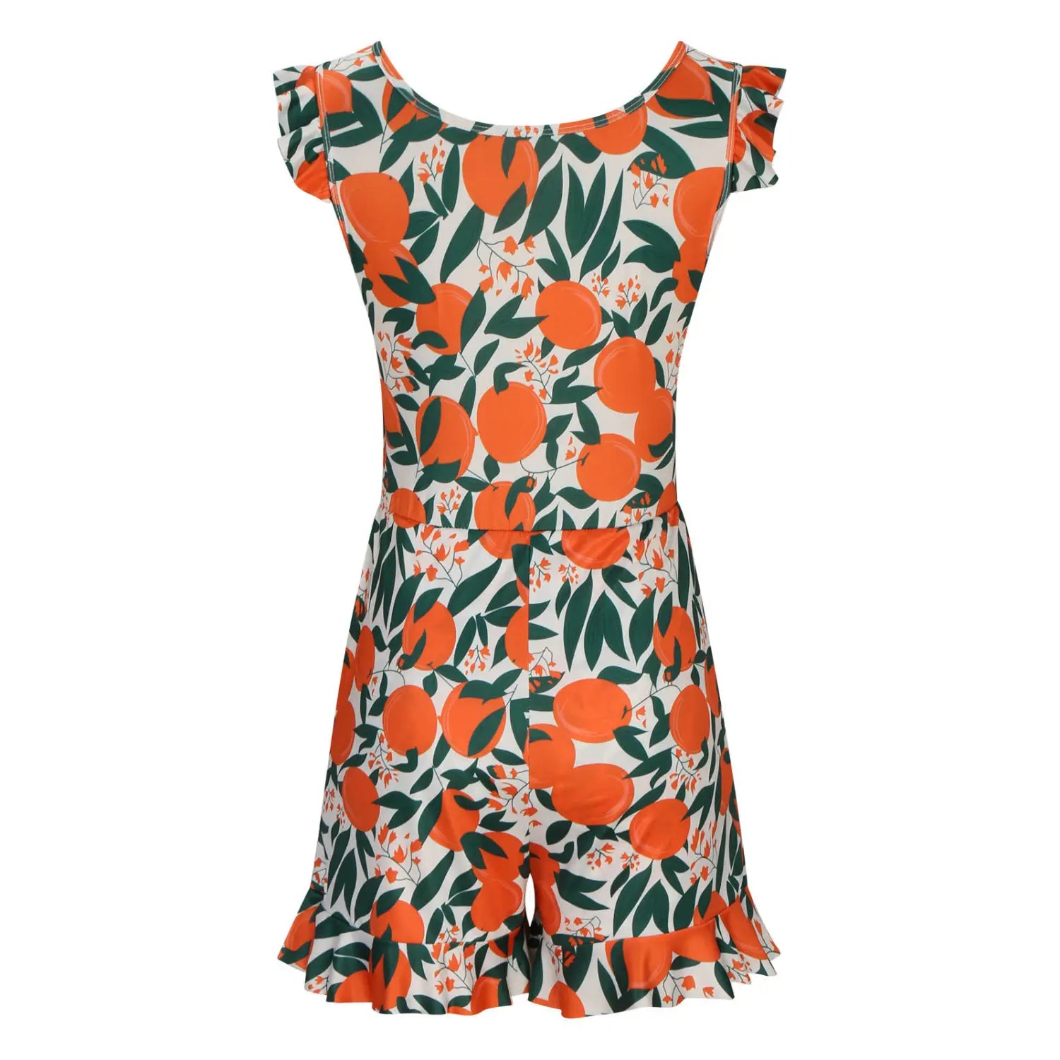A vibrant orange and green citrus print solid color printing bikini ruffled romper swimwear with ruffled sleeves and hem.