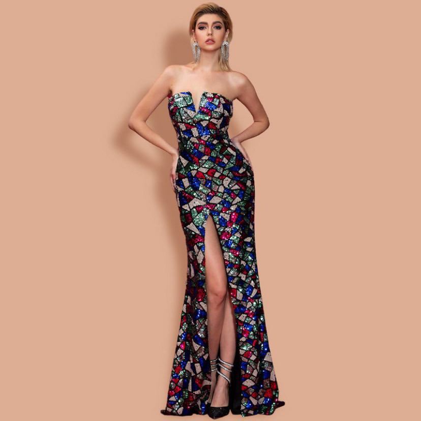 A strapless floor-length women sexy sequin mosaic gown features a vibrant pattern of red blue green and silver sequins perfect for elegant evening wear.