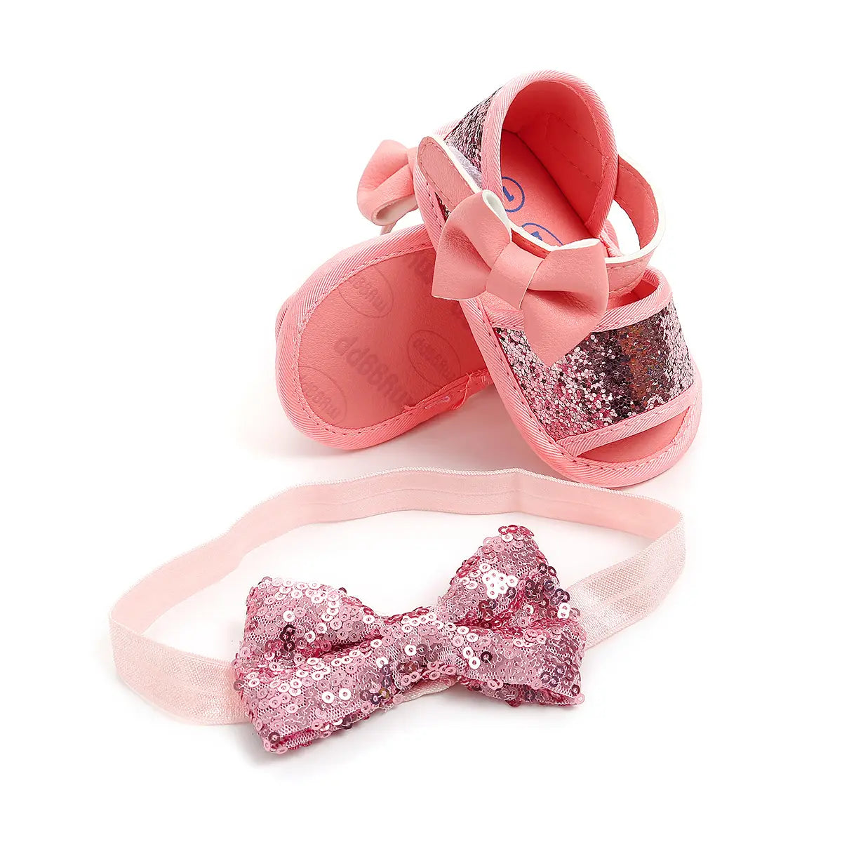 pink sequined baby shoes princess with matching bow headband designed as princess shoes sandals for infants