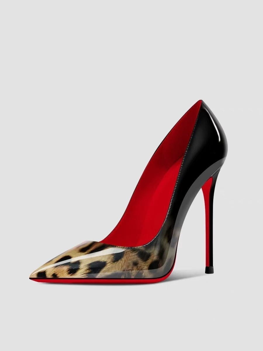 A sleek black patent stiletto pointed toe high heel with leopard-print accents, glossy finish, red interior lining, and signature red sole.