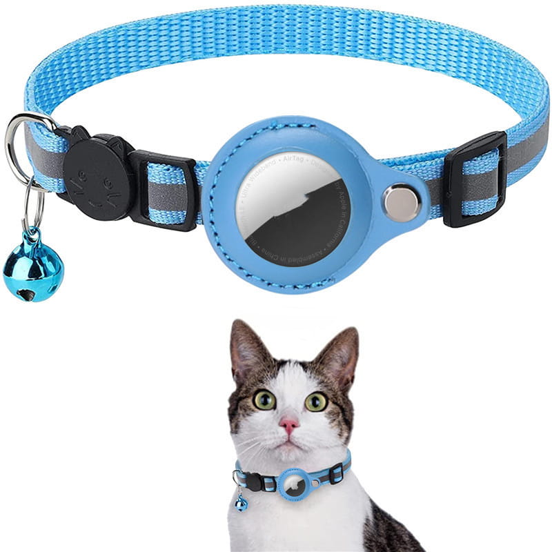 Blue woven reflective collar waterproof with black plastic buckle and circular blue silicone waterproof holder case for AirTag.