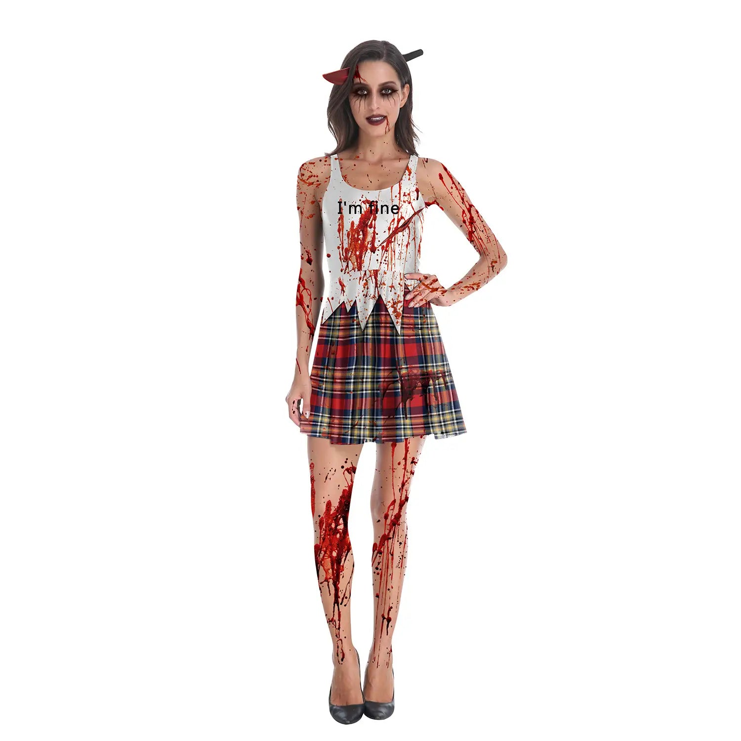 female ghost clothes adult stage plaid skirt set featuring a white and red splattered schoolgirl costume with a plaid skirt.