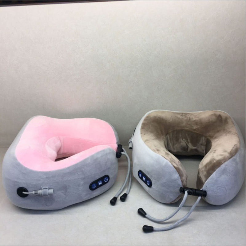 Light blue fabric car massage pillow with a pink and gray inflatable neck massager interior in beige featuring control buttons on the side for car massage.