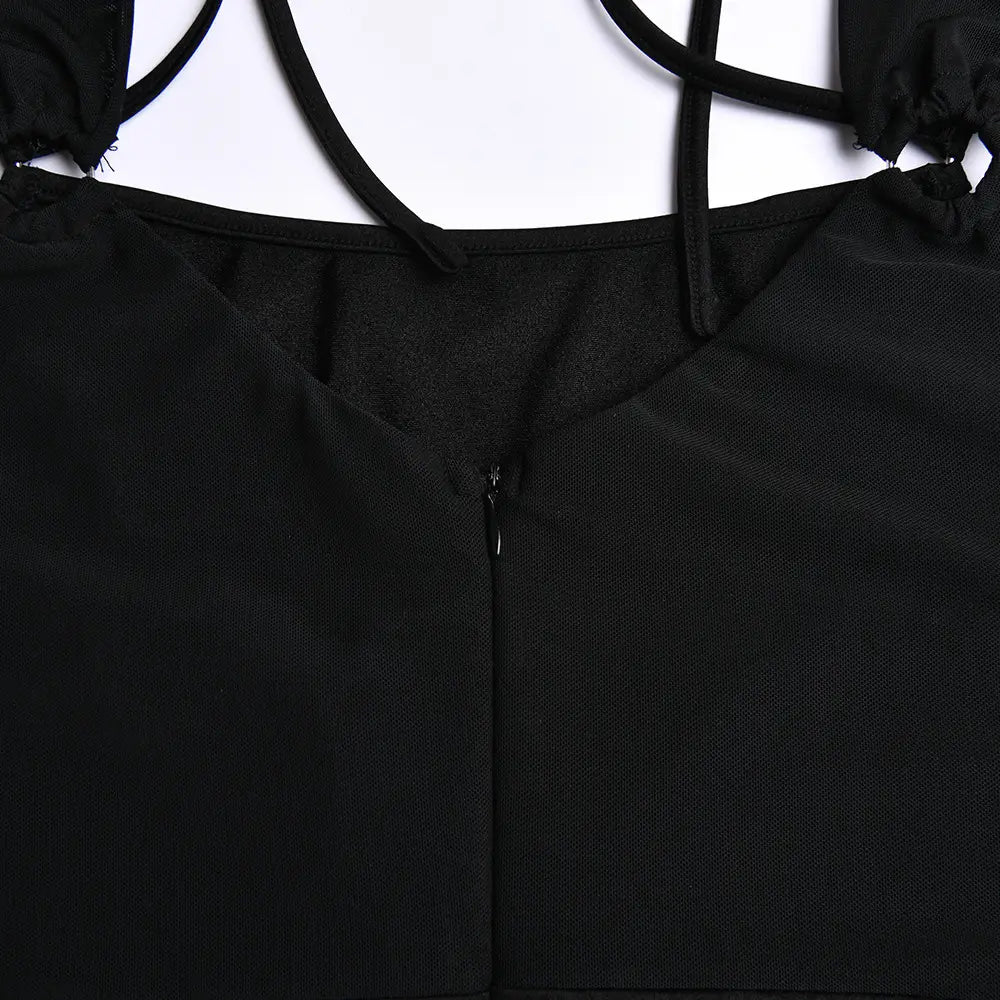 black knit top with thin shoulder straps and central zipper complementing red two piece sling tight dress fashion mesh set for a stylish tight dress fashion look