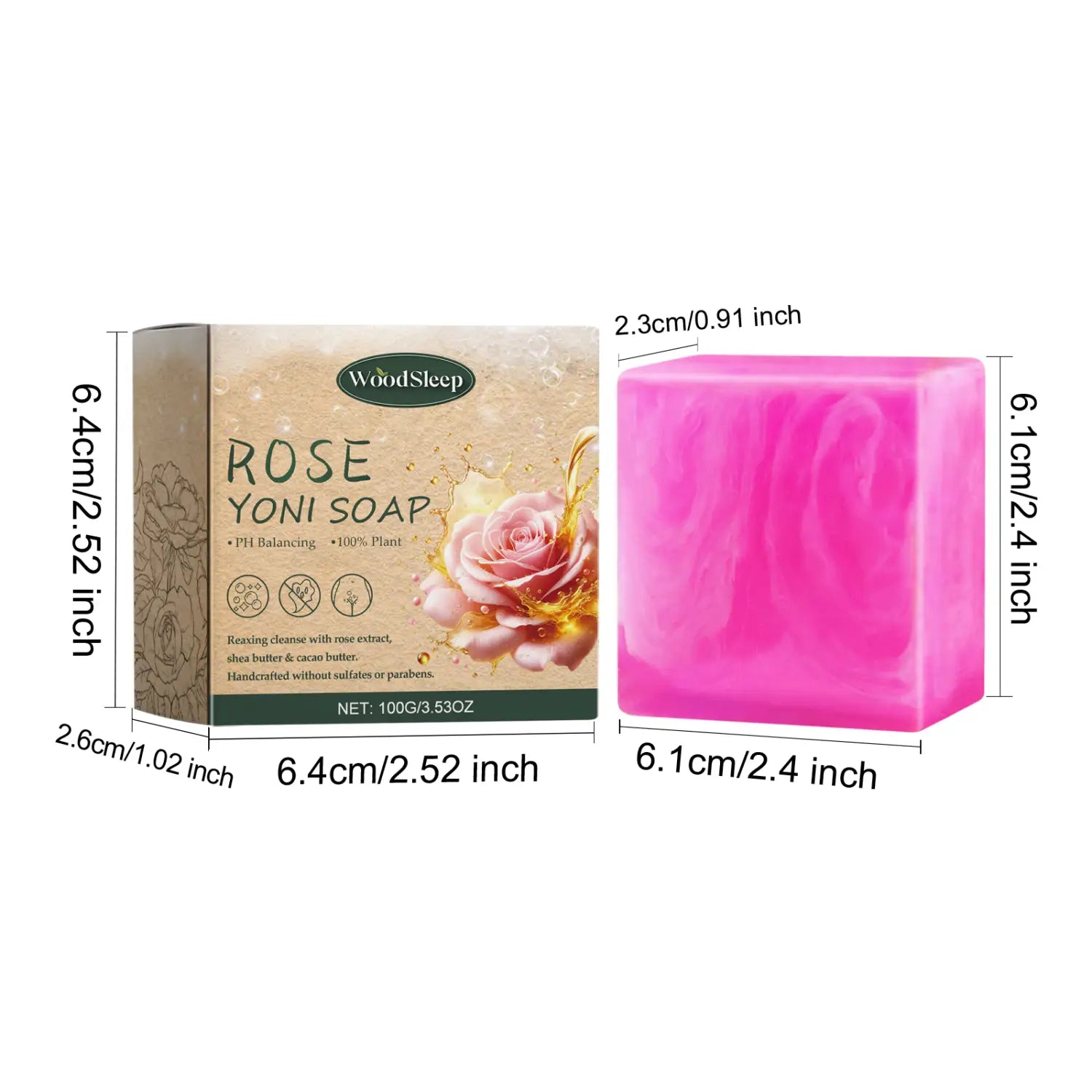 A vibrant pink cube-shaped rose soap from woodsleep designed for bath cleanses odors and relieves physical discomfort.
