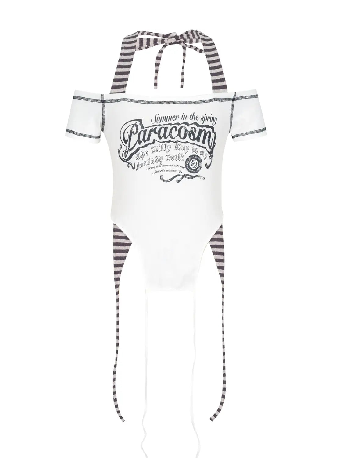 White off-the-shoulder one-piece swimsuit with black and white striped tie straps featuring a vintage-style paracosm graphic print in spicy girls summer millennium luxury women’s fashion.