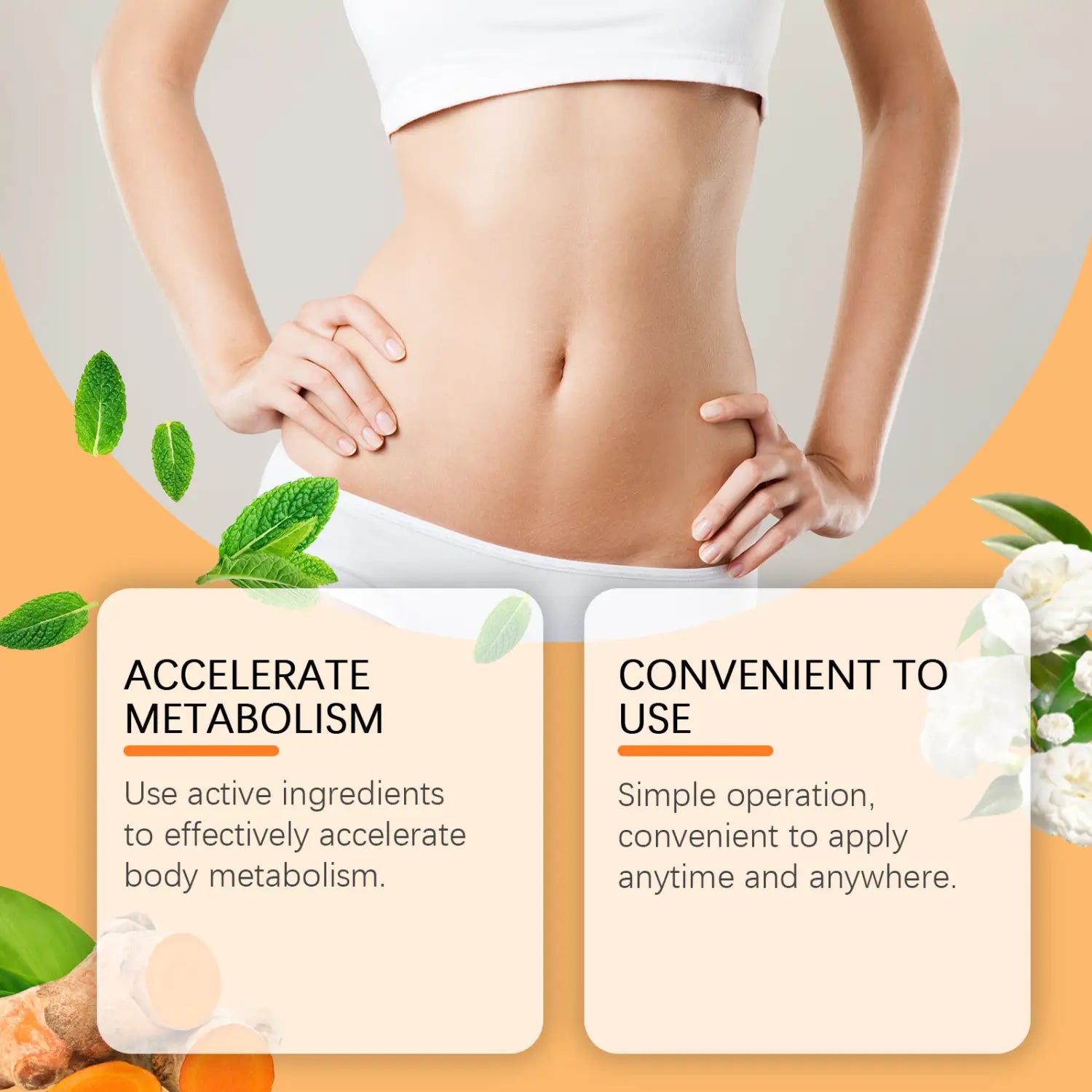 a woman wearing a white crop top and white underwear with her hands on her hips modeling the south moon herbal beauty shaping body patch for herbal beauty and body contouring