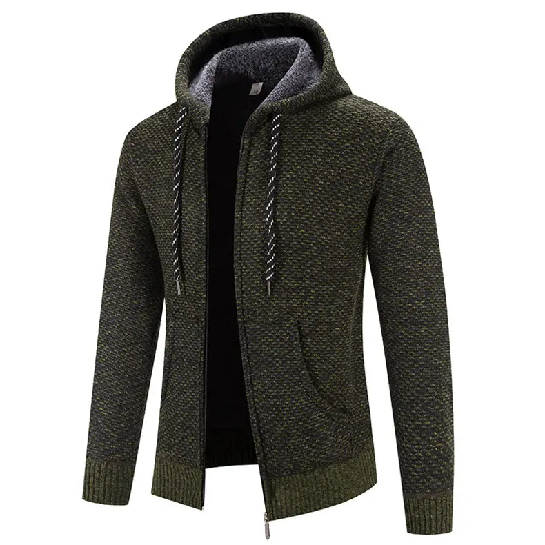 olive green textured knit zip-up hoodie with gray fleece-lined hood and matching drawstrings featuring winter coat zipper closure solid for added warmth and comfort.