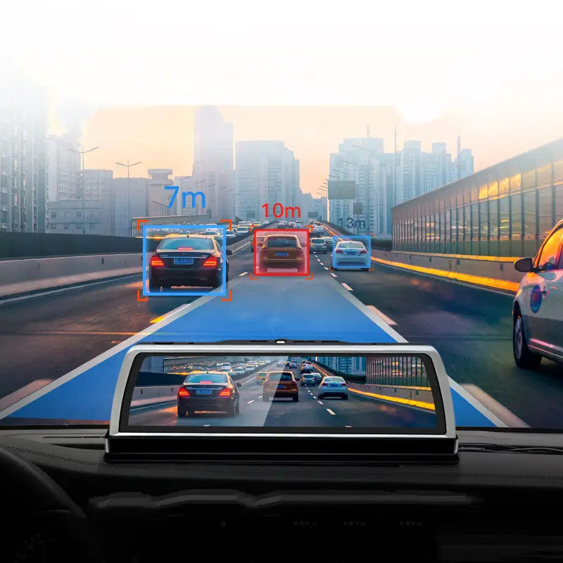 A sleek modern center console rearview mirror from road detective k500 with a digital display showing distance markers to surrounding vehicles.