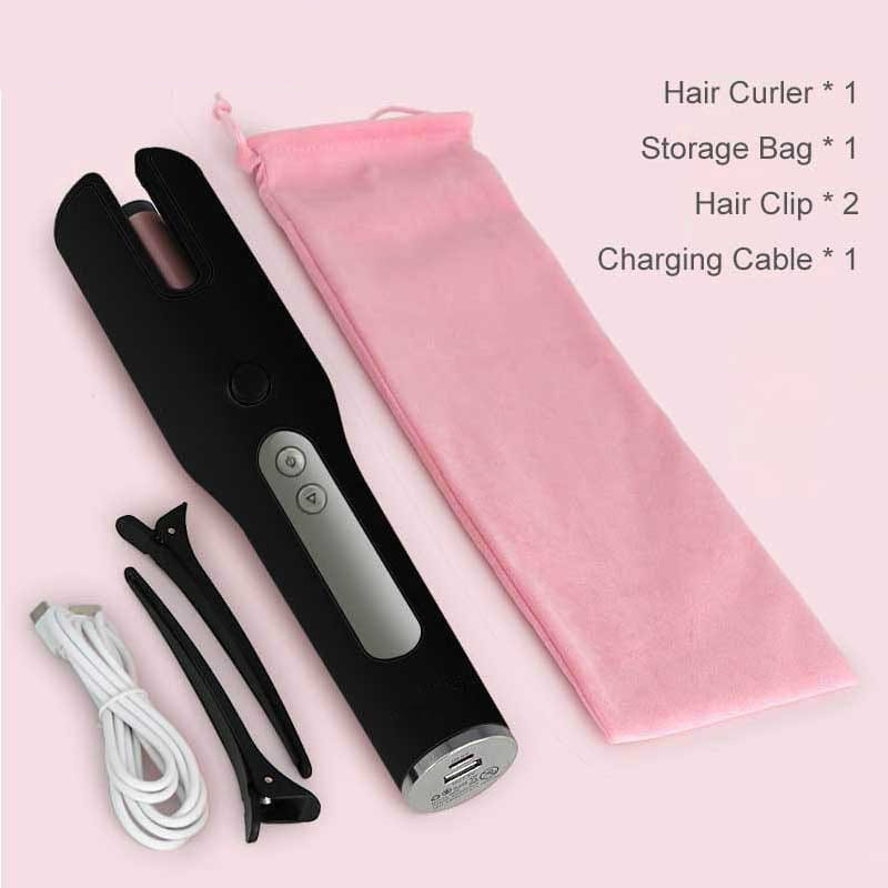 black wireless automatic curler with silver control panel and usb charging port featuring an lcd screen designed for easy cordless styling