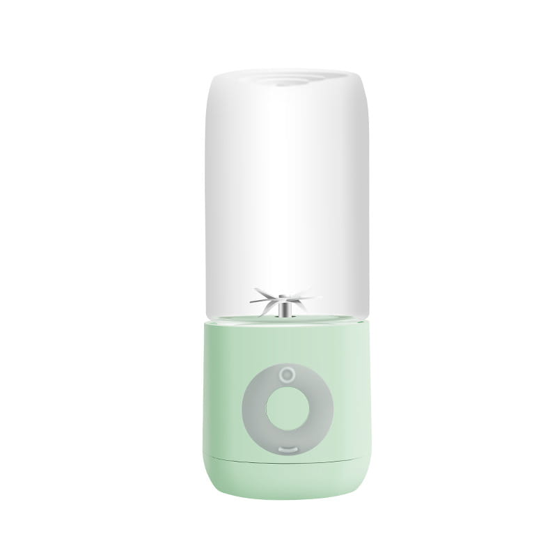 Mint green and white portable usb automatic mini juicer with a clear glass blending cup for convenient automatic mini portable blending.