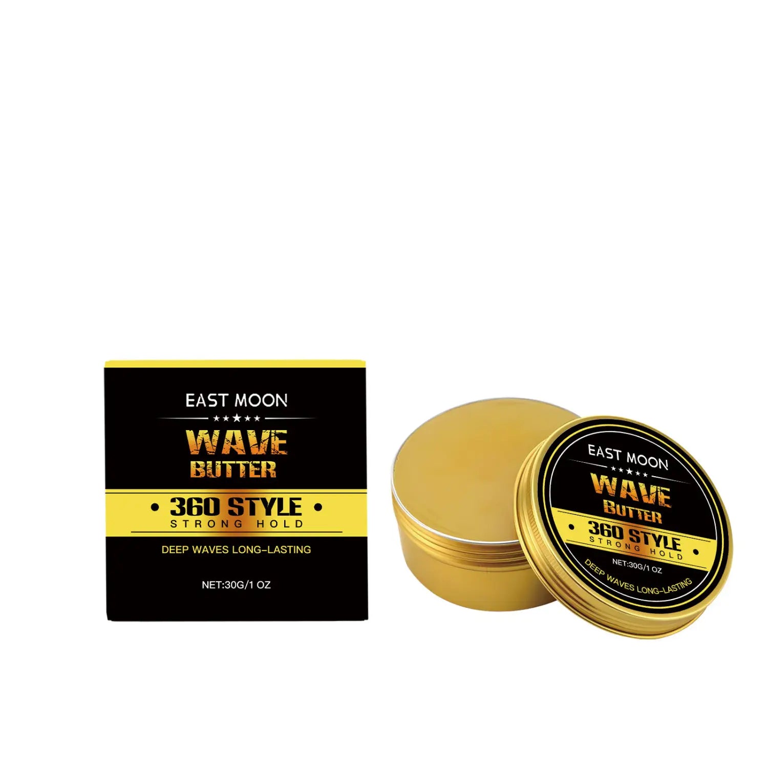 A gold-colored round metal container with a matching lid and a black and yellow label displaying east moon wave butter 360 style strong hold for men’s hair care shaping wave collection set.