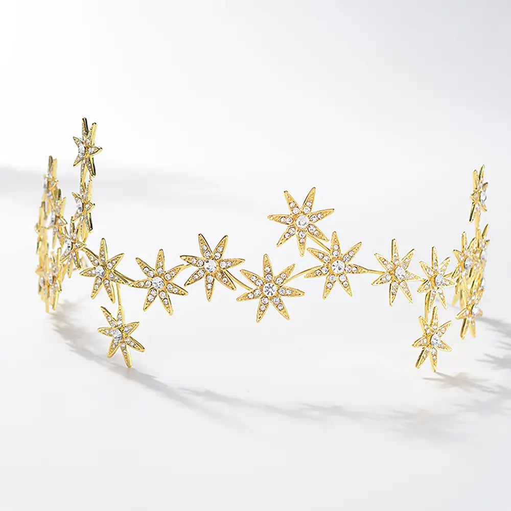 silver star rhinestone starry hair band features a gold-toned star-shaped tiara adorned with clear crystals as elegant hair accessories starry.