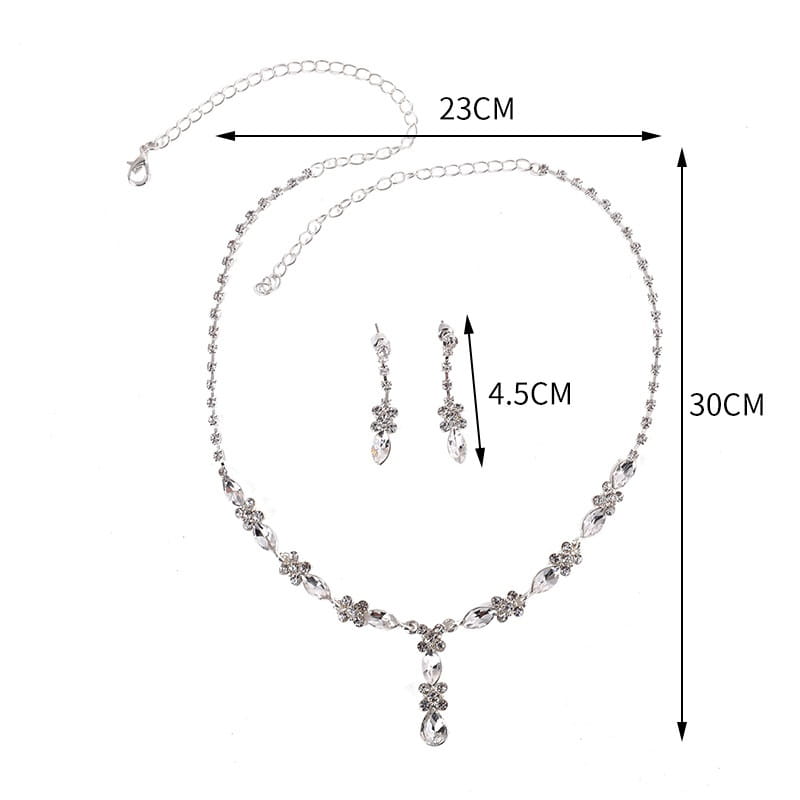 silver-toned zircon necklace with floral and teardrop crystal designs and a 30cm chain as part of a luxury women’s fashion earrings set