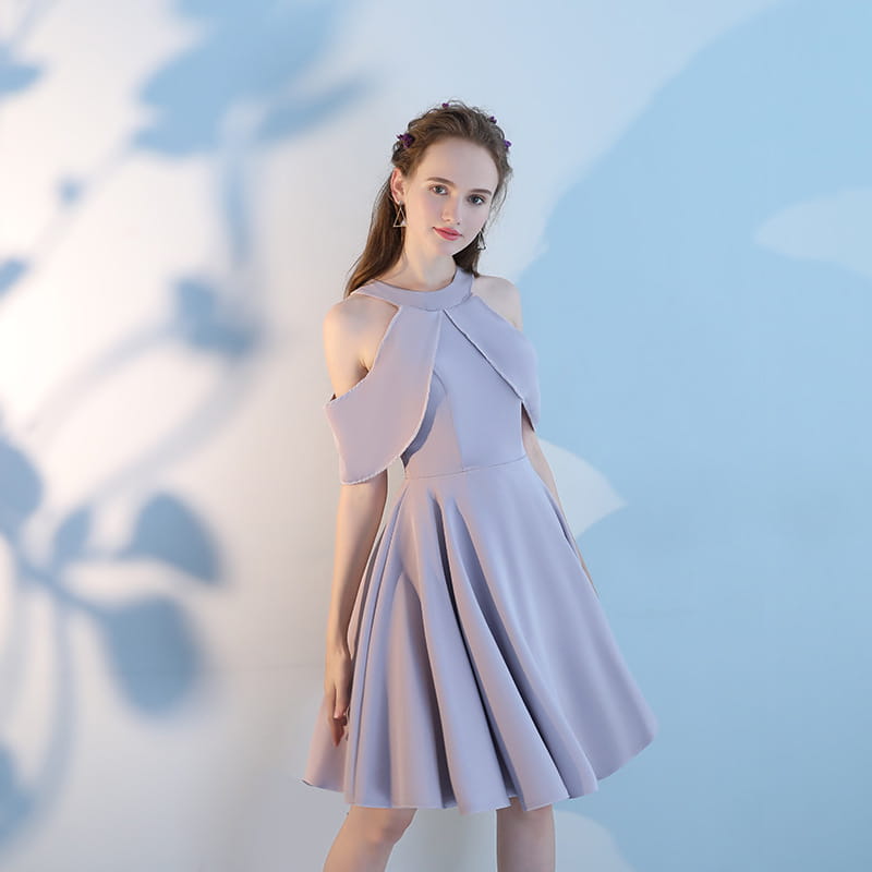 pink short sisters structured halter-neck dress in lavender color featuring a flared skirt and cut-out shoulder details made with main fabric composition for elegant occasions