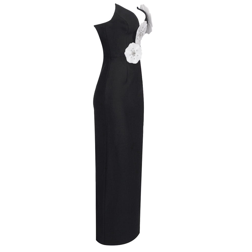 Black satin black backless bandage gown with a single shoulder design and embellished white floral bandage chest accent.