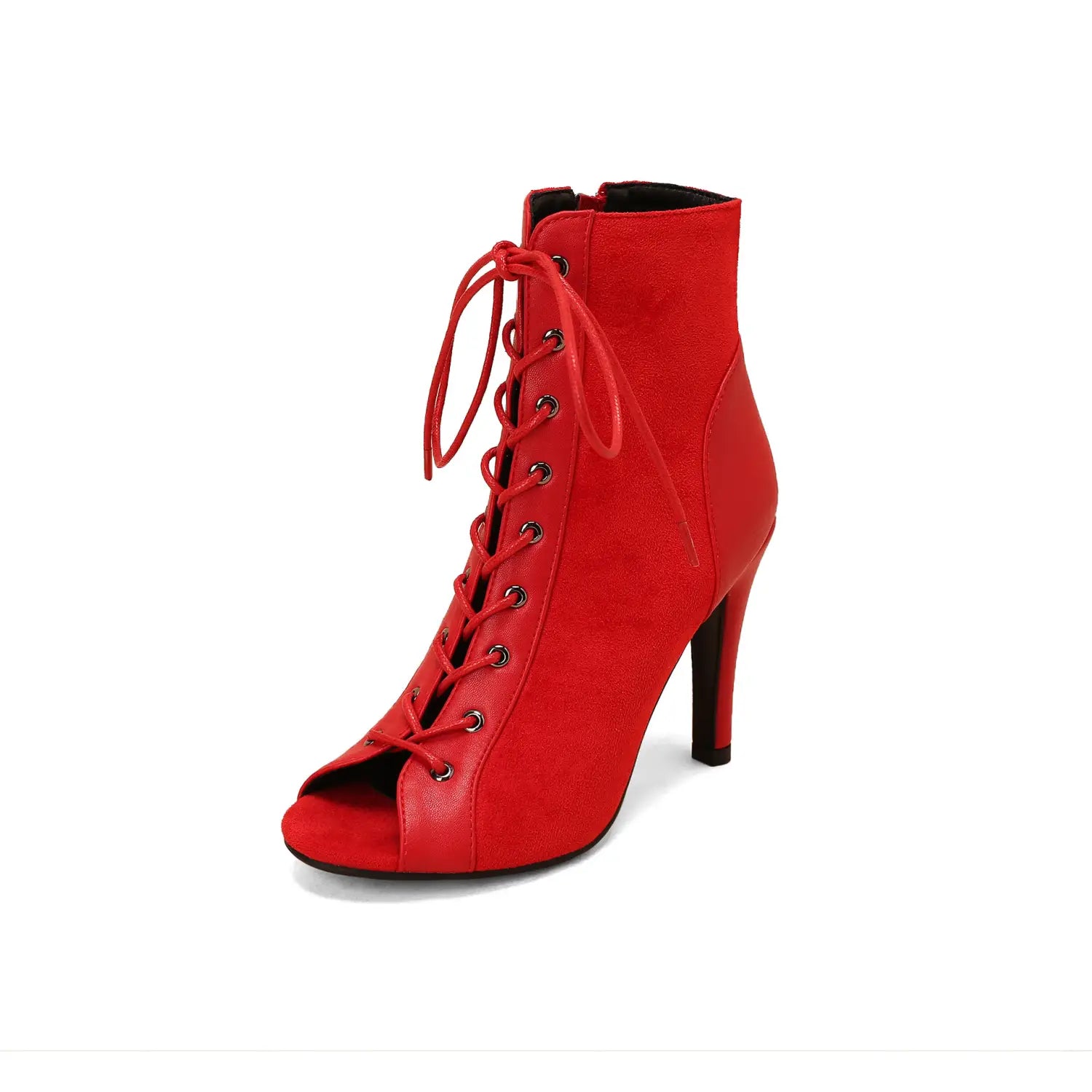 Vibrant red suede peep toe frosted ankle boot with lace-up front and slender high heel designed as toe frosted casual shoes.