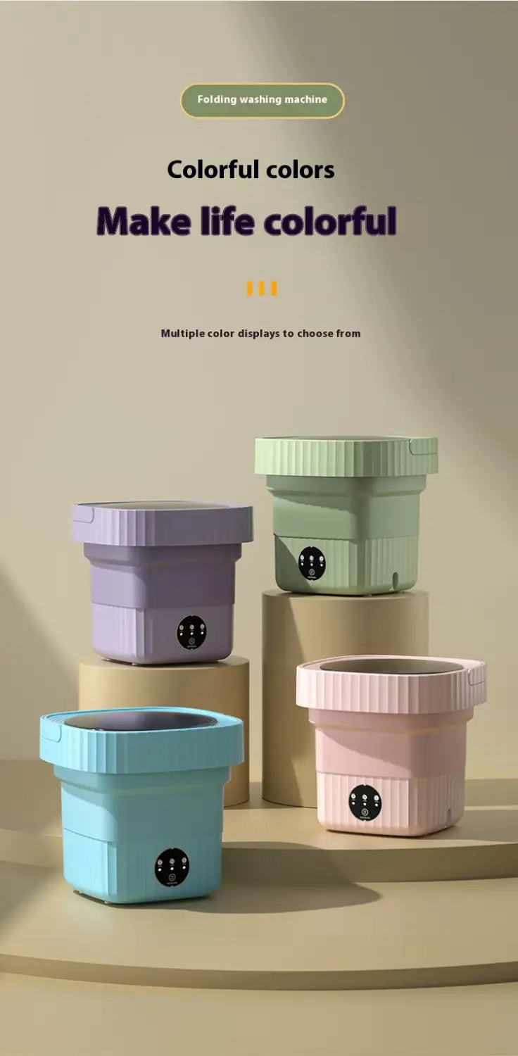 Pastel-colored folding washing machines in lavender, mint green, light blue, and pink with a ribbed, collapsible design ideal for space-saving folding washing.
