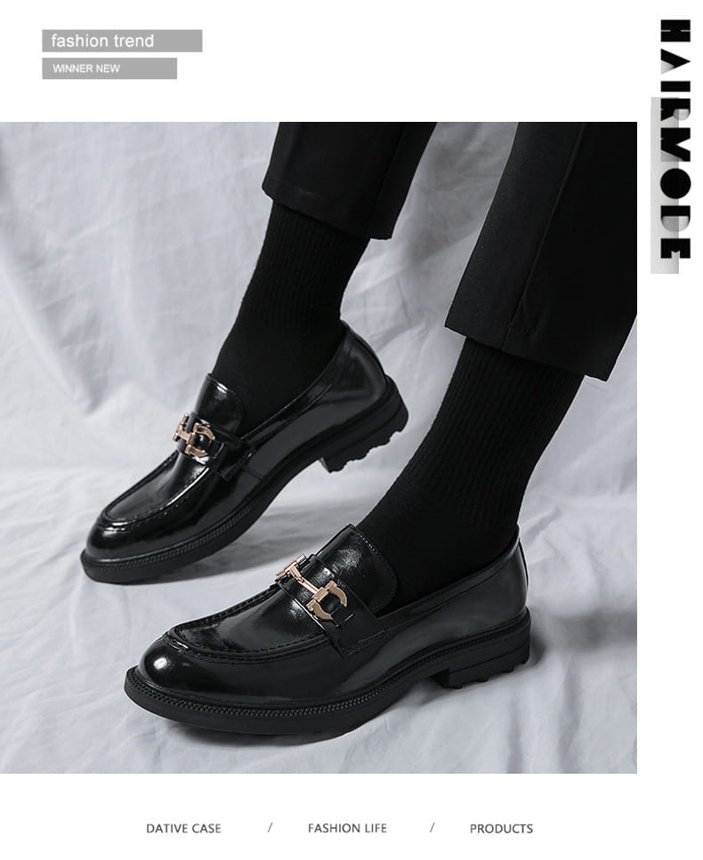 Black patent leather horsebit loafers male with a gold-tone metal buckle accent suitable for male fashion formal wear.
